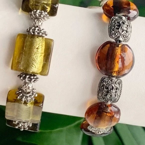 Orange & Gold Handmade Glass & Metal Bracelet Trio with Silver Accents - Picture 10 of 16